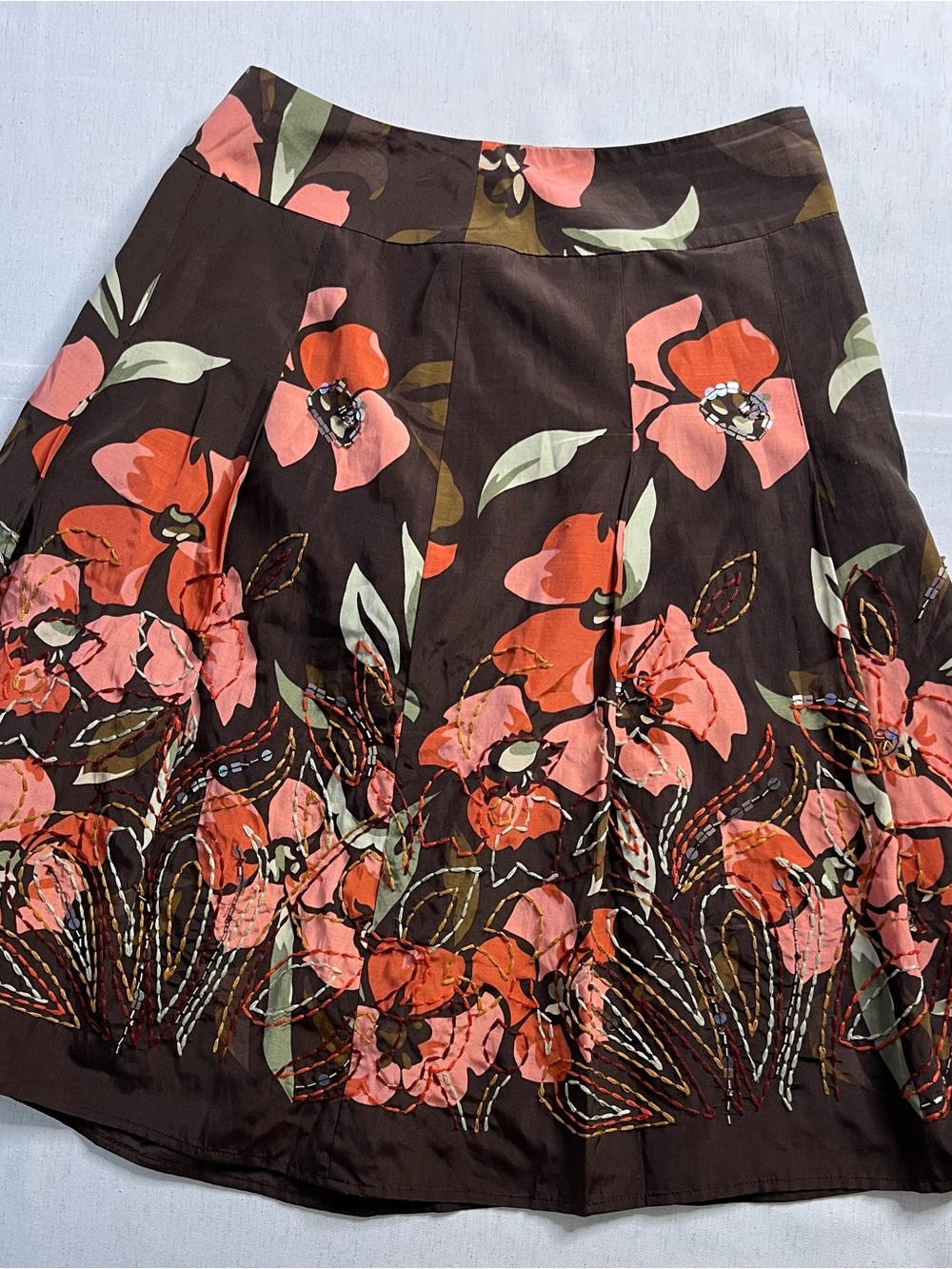 Embroidered Floral A-Line Skirt in Brown and Coral Womens Size 2